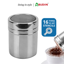 Load and play video in Gallery viewer, ABUDEN Stainless Steel Coffee Powder Duster Coffee Duster 16 Coffee Art Stencils Cocoa Powder Shaker Cocoa Duster