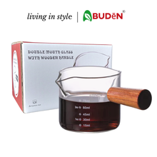 Load and play video in Gallery viewer, ABUDEN Double Mouth Espresso Measuring Glass Cup Wooden Handle Coffee Measuring Glass Transparent Coffee Glass Cup