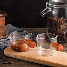 Load image into Gallery viewer, ABUDEN Double Mouth Espresso Measuring Glass Cup Wooden Handle Coffee Measuring Glass Transparent Coffee Glass Cup