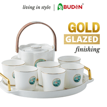 Load image into Gallery viewer, Abuden Porcelain Lotus Flower Chinese Tea Set Oriental Teaset with Serving Tray Gold White Teapot Cup Set 6 or 4 Person
