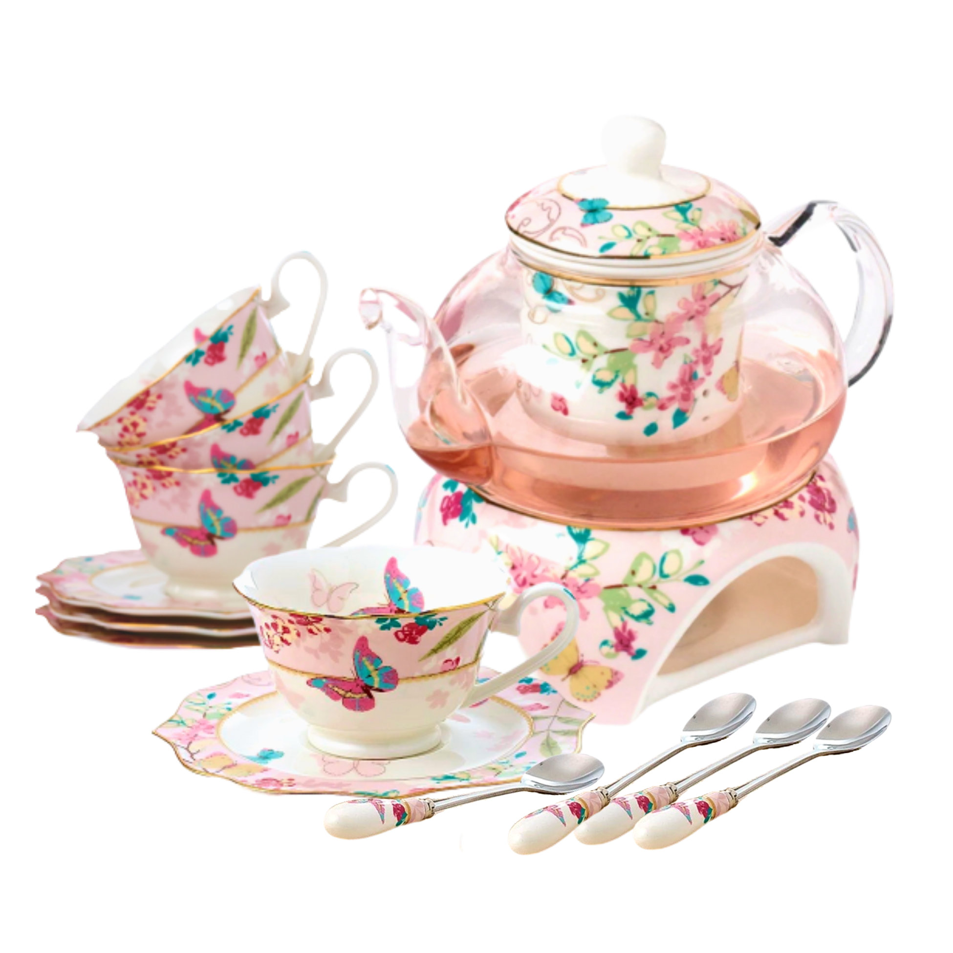 Glass Tea Set With Pink Porcelain Warmer