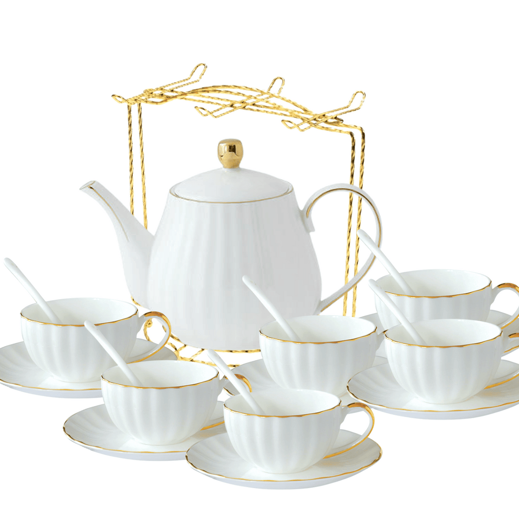 Classic White Teapot Set Minimalist White Tea Cup Set 900ml Teapot White Cup Saucer White Tea Set Gold Display Stand