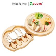 Load and play video in Gallery viewer, ABUDEN Oak Wood Cheese Board Round Cheese Board Knife Set Stainless Steel Cheese Knife Set Small Cheese Board Set
