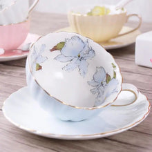 Load image into Gallery viewer, Seralle Flower Tea Cup Set with Gold Stand Porcelain Cup Set Tea Set English Style Pastel Pink Yellow Blue Green English Cup Set

