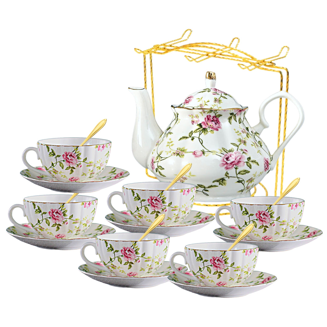 Seralle English Tea Pot Set Porcelain Pink Rose Tea Set English Style 900ml Large Teapot Set Tea Cup Set English Style
