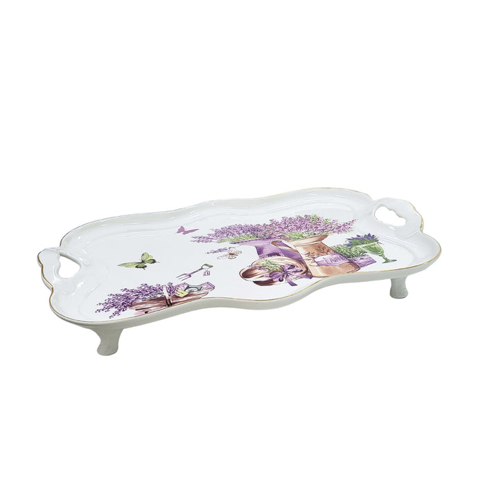 Porcelain Serving Tray English Style Flower Porcelain Platter Rectangular White Tray with Handle Large Tea Cup Tray