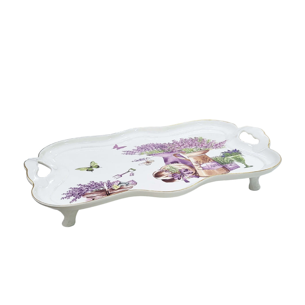 Porcelain Serving Tray English Style Flower Porcelain Platter Rectangular White Tray with Handle Large Tea Cup Tray