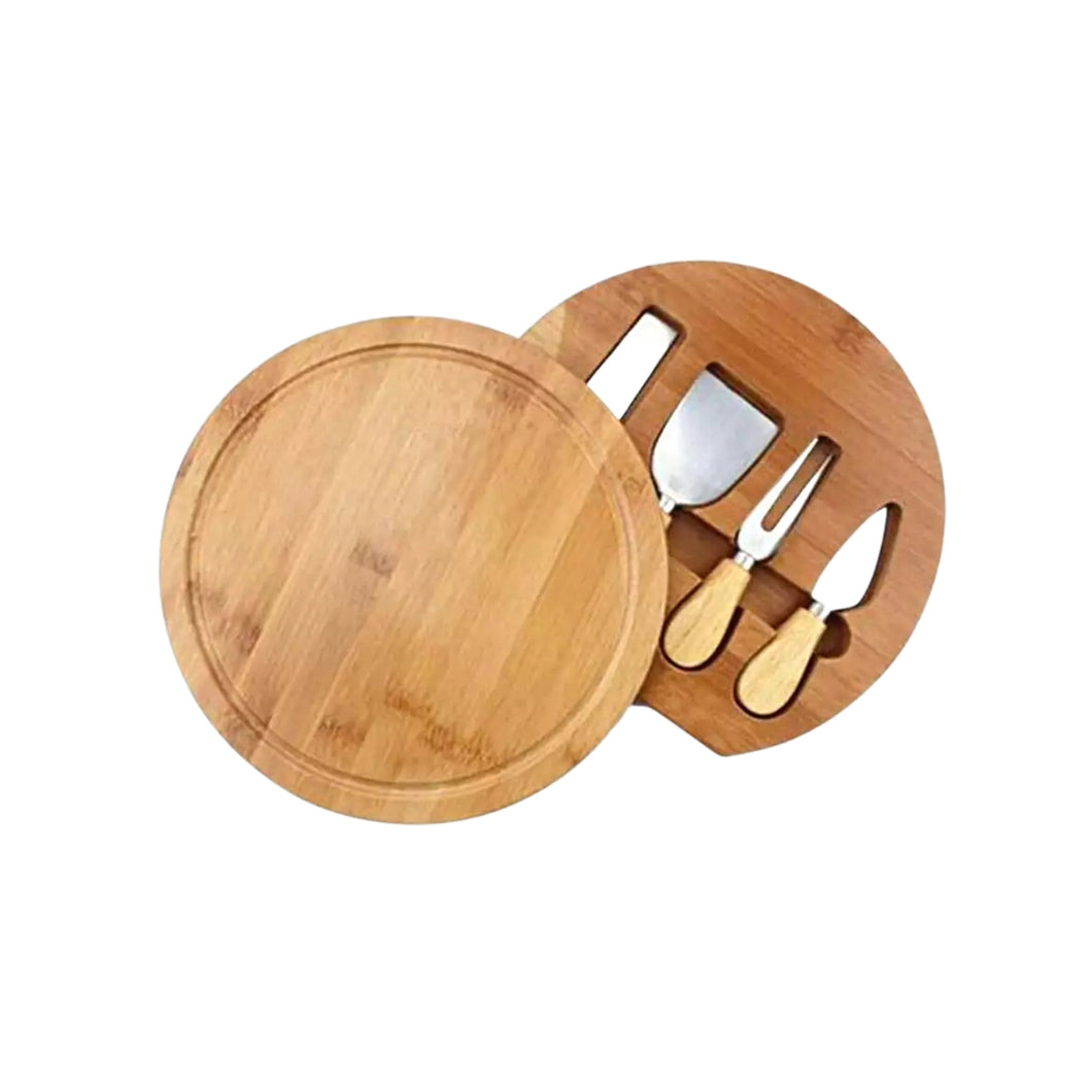 ABUDEN Oak Wood Cheese Board Round Cheese Board Knife Set Stainless Steel Cheese Knife Set Small Cheese Board Set