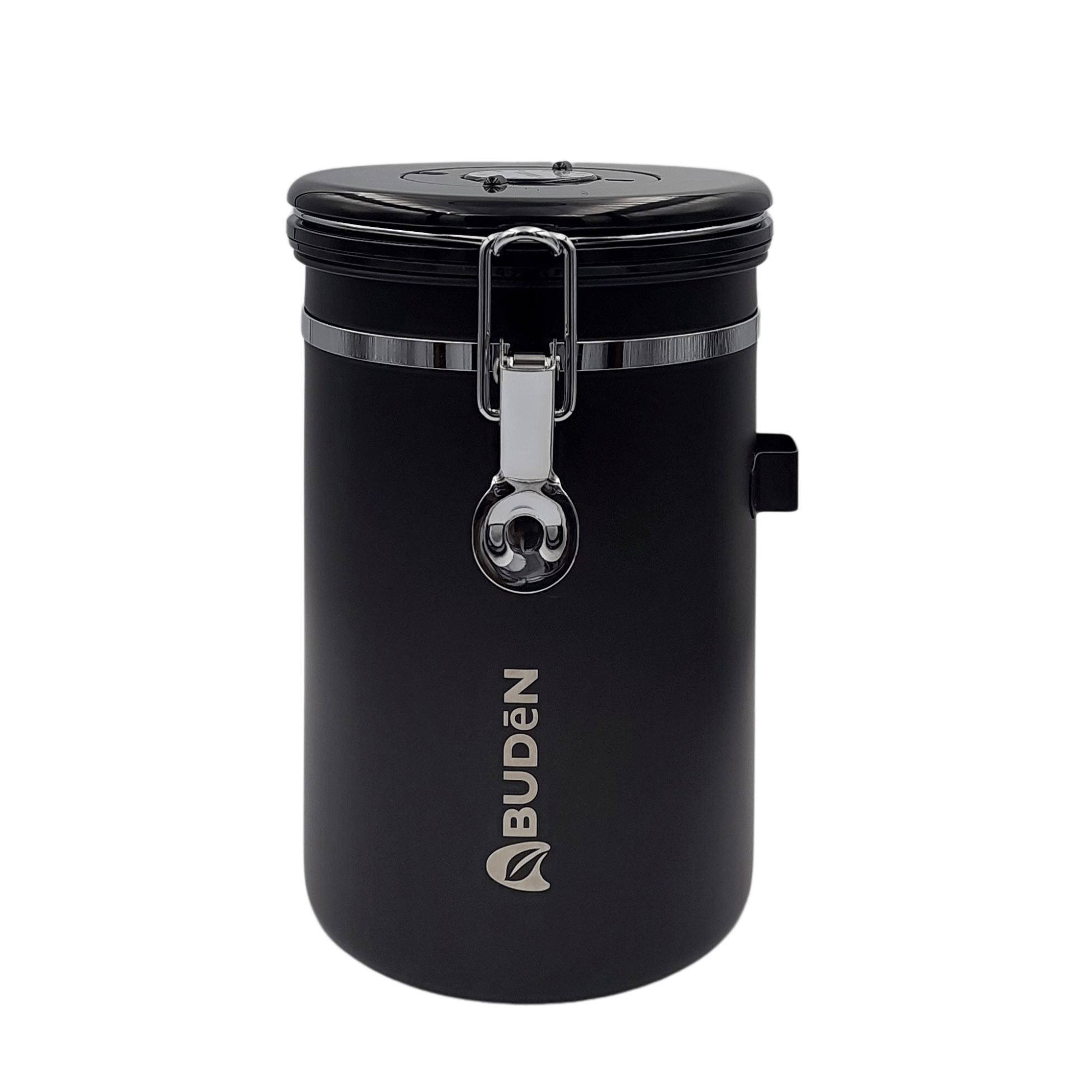 Coffee Gator Stainless Steel Coffee Storage Canister with Date-Tracker,  CO2-Release Valve and Measuring Scoop, Large, Black