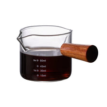 Load image into Gallery viewer, ABUDEN Double Mouth Espresso Measuring Glass Cup Wooden Handle Coffee Measuring Glass Transparent Coffee Glass Cup
