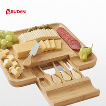 Load image into Gallery viewer, ABUDEN Cheese Board Bamboo Cheese Board Cheese Platter Cheese Tools Cheese Cutlery Charcuterie Board Serving Platter
